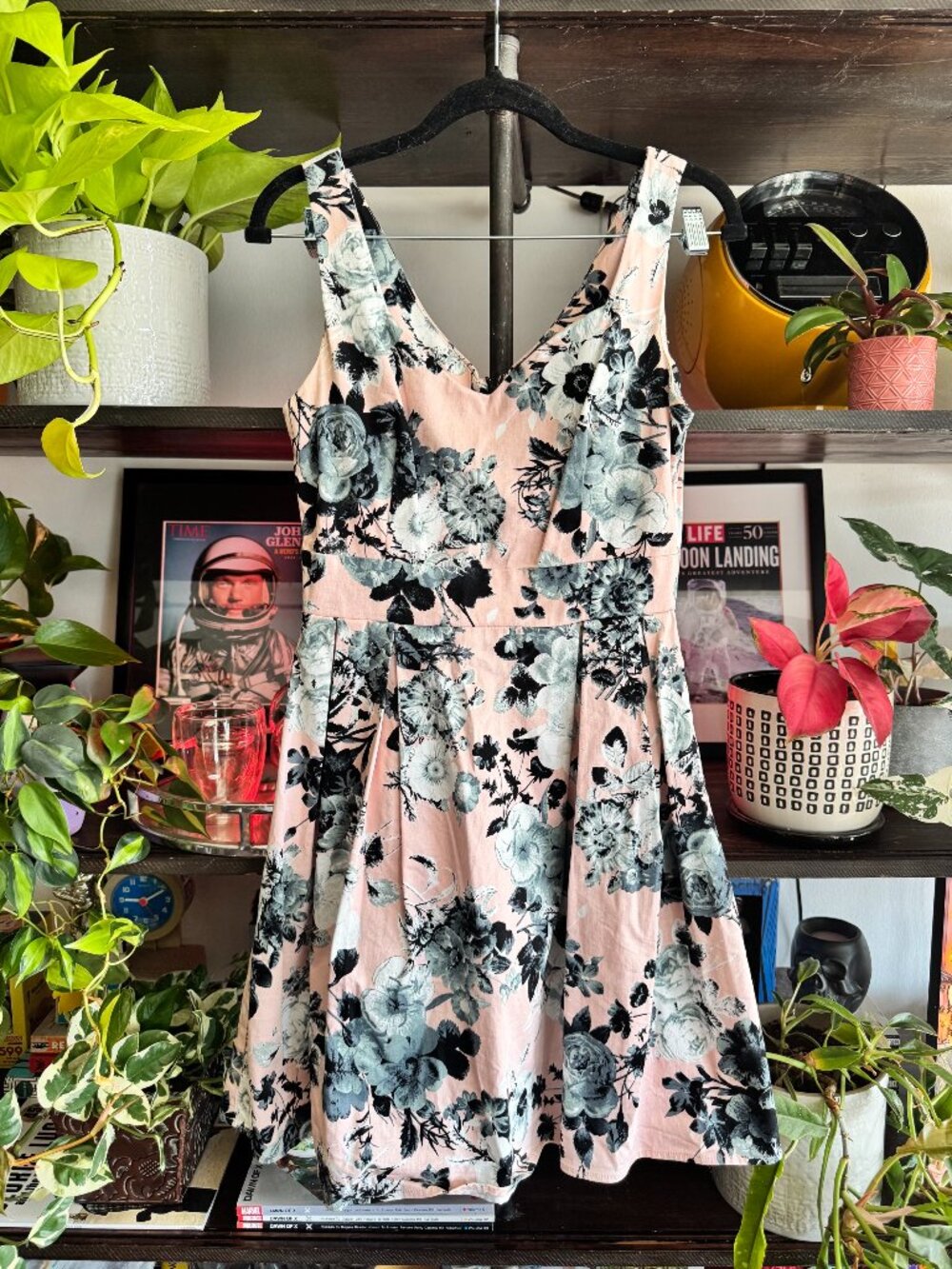 Ixia Retro Floral Print On Pink Fit And Flare Dress Medium USA MADE
